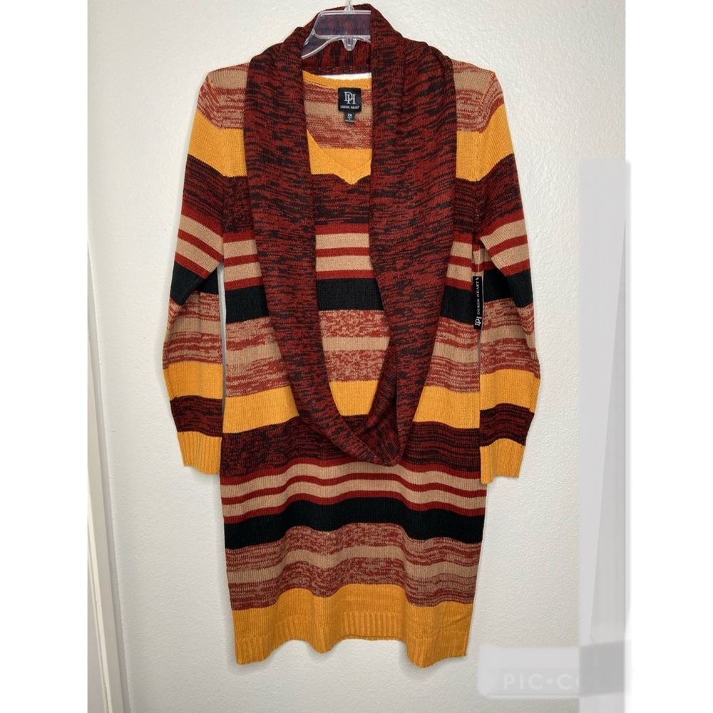 Derek Heart Striped V-neck Sweater Dress & Scarf